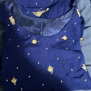 Navy Blue Long Sleeve Dress with Gold Embroidery